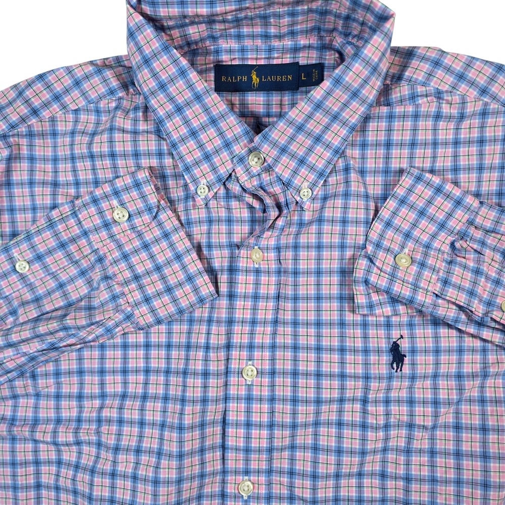 Ralph Lauren Button Down Mens Large Pink Blue Plaid Pony Logo Shirt 5226